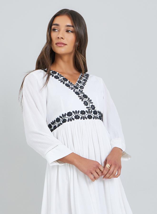 Styli Women White Embroidery Lace A-Line Midi Dress - Image 1
